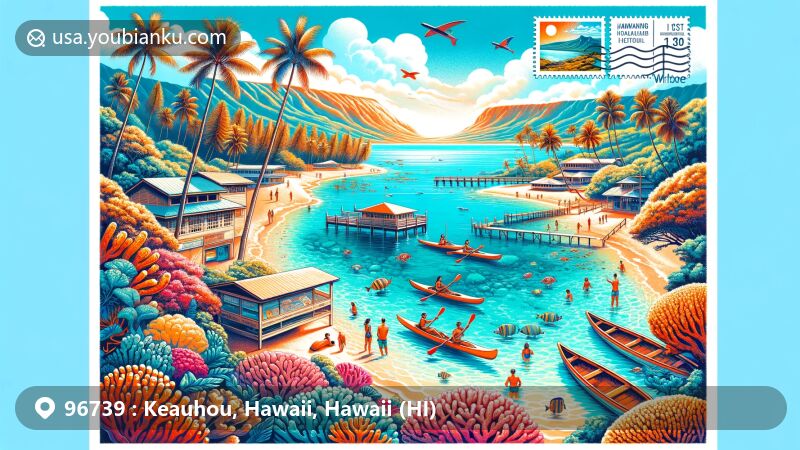 Modern illustration of Keauhou, Hawaii, featuring Keauhou Bay with palm trees and canoes, Kahaluu Beach Park with vibrant coral reefs, and vintage postal theme with ZIP code 96739.