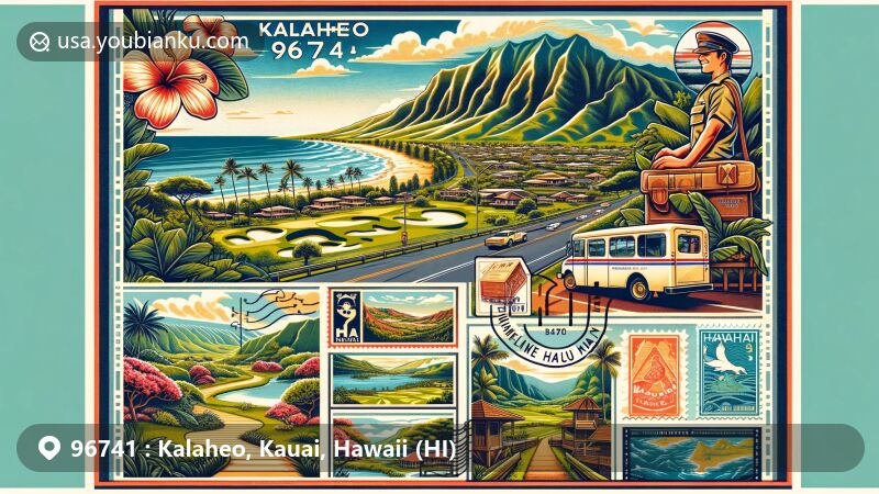 Vibrant illustration of Kalaheo, Kauai, Hawaii, capturing its lush landscapes, including Kukuiolono Park and Hanapepe Valley Lookout, with postal elements like vintage postcard layout and Hawaiian cultural symbols.