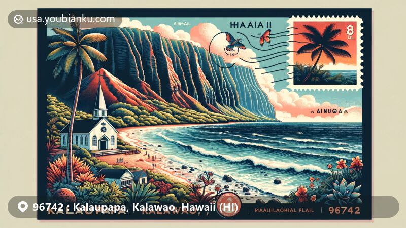Modern depiction of Kalaupapa, Kalawao, Hawaii, showcasing Molokai sea cliffs, Kalaupapa National Historical Park, Siloama Church, loulu palm, and postal elements with ZIP code 96742.