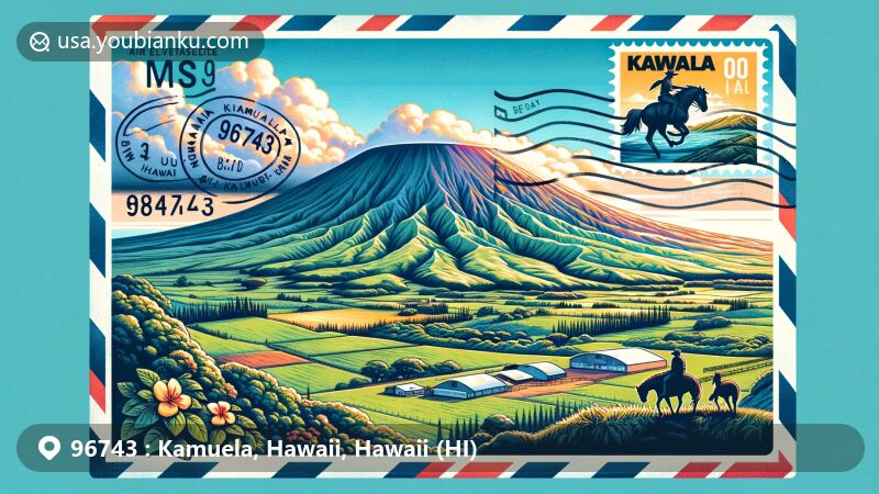 Modern illustration of Kamuela, Hawaii, with Mauna Kea mountain, showcasing postal theme with ZIP code 96743, featuring green pastures, skies, and local culture elements like the Hawaii state flag or Paniolo.