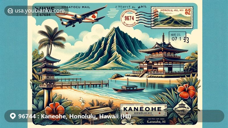 Modern illustration of Kaneohe, Honolulu, Hawaii, featuring elements like Byodo-In Temple, Kaneohe Sandbar, Hoomaluhia Botanical Gardens, and Koolau Mountains, intertwined with a postal theme of vintage air mail envelope, stamps, and postmark '96744 Kaneohe, HI'.