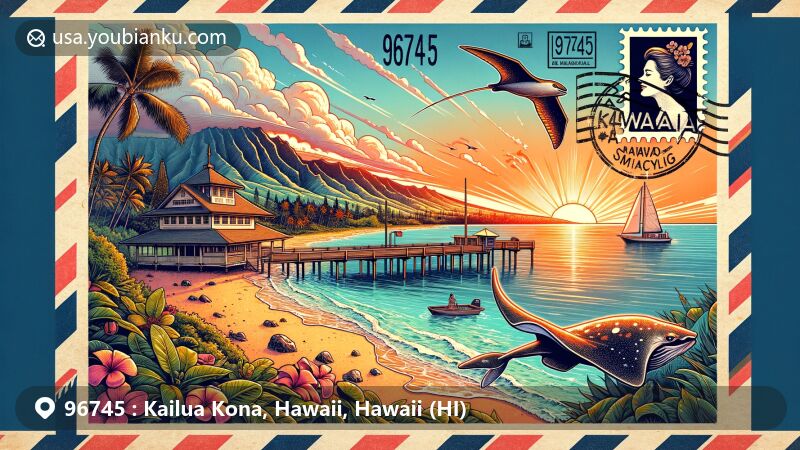 Vintage-style illustration of postal theme in Kailua Kona, Hawaii, highlighting ZIP Code 96745, showcasing Kona Pier, Kealakekua Bay, Hulihe'e Palace, Kona coffee, and Hawaiian state flag.
