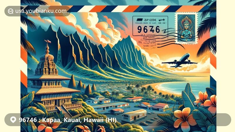 Modern illustration of Kapaa, Kauai, Hawaii, showcasing postal theme with ZIP code 96746, featuring Coconut Coast, Nounou Mountain (Sleeping Giant) and elements from Kauai's Hindu Monastery.