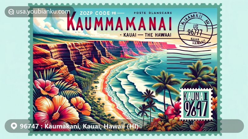 Modern illustration of Kaumakani, Kauai, Hawaii, showcasing postal theme with ZIP code 96747, featuring Waimea Canyon, symbols of Hawaiian culture, palm trees, ocean, and tropical flowers.