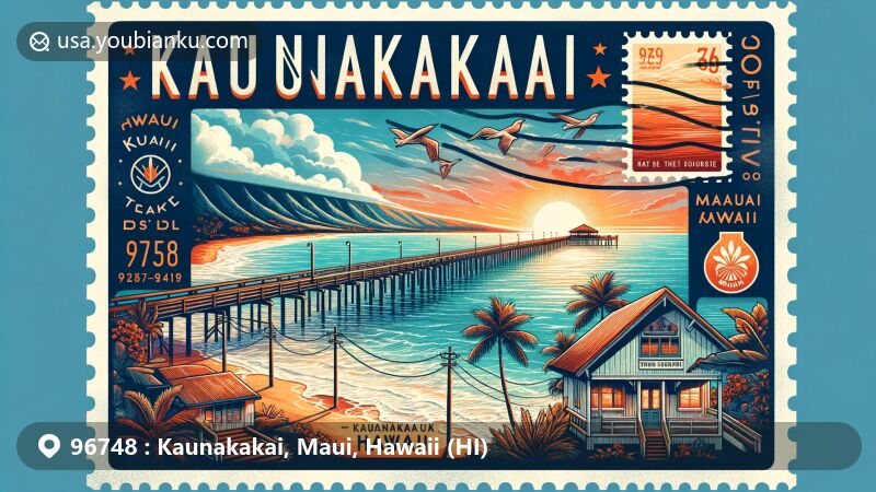 Modern illustration of Kaunakakai, Maui, Hawaii, showcasing postal theme with ZIP code 96748, featuring Kaunakakai Harbor's pier and iconic Hawaiian elements.