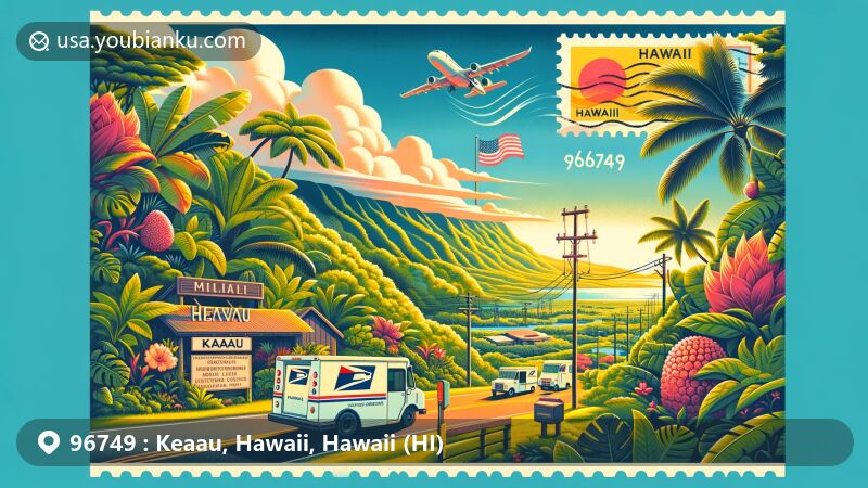 Modern illustration of Keaau, Hawaii, capturing lush tropical rainforests, Hiʻiaka's Healing Herb Garden, and Mauna Loa Macadamia Nut Corporation, with postal theme featuring ZIP Code 96749, airmail envelope, postage stamp, postal truck, and Hawaiian state flag.