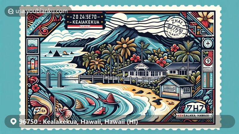 Modern illustration of Kealakekua, Hawaii, featuring postal theme with ZIP code 96750, showcasing Kealakekua Bay and Hokulia Shoreline Park, incorporating the outline of Hawaii's Big Island, with tropical colors and motifs reflecting the island's lush landscapes and cultural richness.