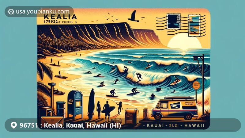 Modern illustration of Kealia, Kauai, Hawaii, showcasing beach and surfing scene at Kealia Beach, with Waimea Canyon silhouette, postal elements like postcard, airmail envelope, stamp, postmark, ZIP code 96751, mailbox, and postal van.