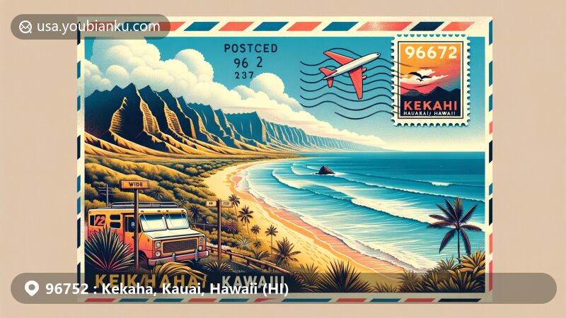 Modern illustration of Kekaha, Kauai, Hawaii, featuring postal theme with ZIP code 96752, showcasing sunny climate, beautiful beaches, and lush greenery typical of the island. Stylized postcard or air mail envelope with iconic imagery like Kekaha Beach included.