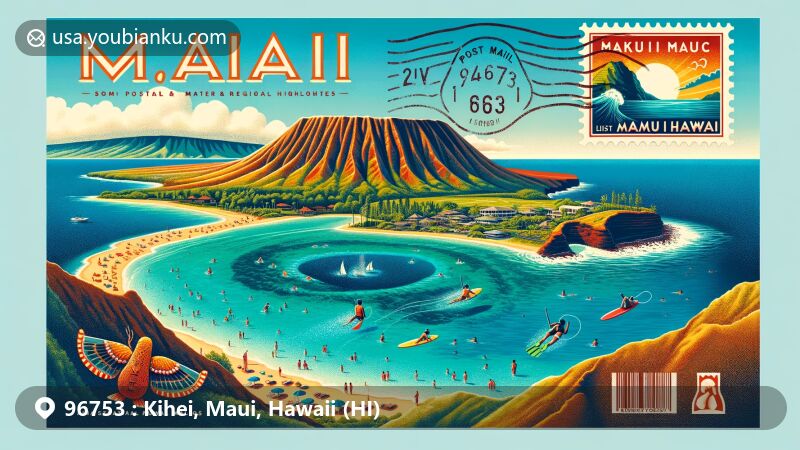 Modern illustration of Kihei, Maui, Hawaii (96753), featuring Molokini Crater, surfers on the beach, and the West Maui Mountains, blended with postal elements and Hawaiian cultural symbols.