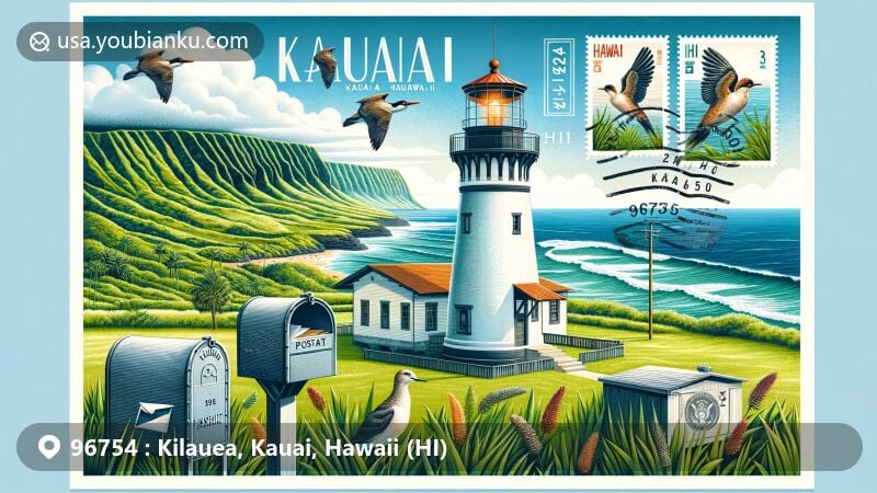 Modern illustration of Kilauea Lighthouse, Kauai County, Hawaii, featuring postcard with ZIP code 96754, traditional mailbox, stamps with lighthouse and seabird designs, set against lush green grass, blue ocean, and sky, reflecting Hawaii's natural beauty.
