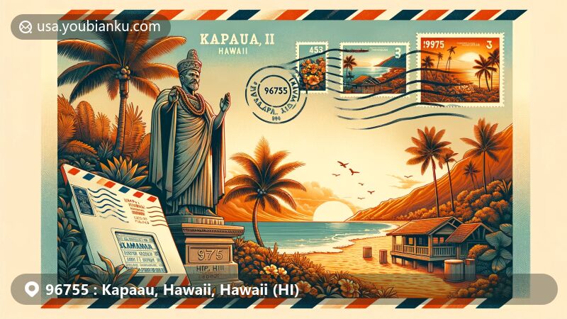 Modern illustration of Kapaau, Hawaii, ZIP code 96755, highlighting postcard theme with King Kamehameha statue, airmail envelope, and tropical Hawaiian scenery.