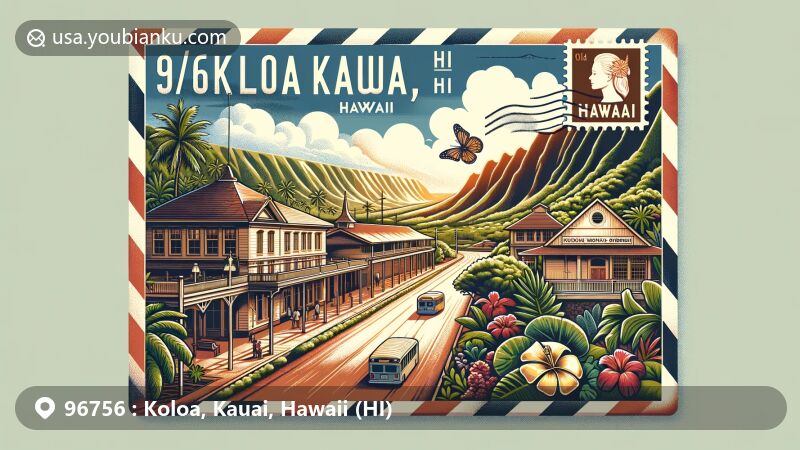 Modern illustration of Koloa, Kauai, Hawaii (HI), featuring postal theme with airmail envelope showing ZIP code 96756, along with Hawaii stamp. Background includes Koloa Heritage Trail, National Tropical Botanical Garden, and Old Koloa Town.