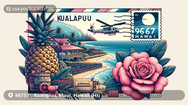 Modern illustration of Kualapuu, Maui, Hawaii (ZIP Code 96757) merging natural landscape, historical motifs, and postal elements, featuring Lokelani flower, airmail envelope with 96757 and Kualapuu, HI text, stamps, postmarks, and pineapple cannery village.