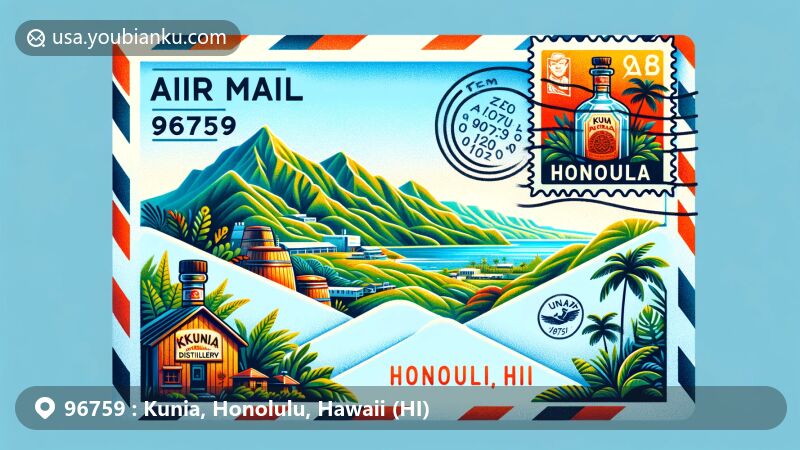 Modern illustration of Kunia, Honolulu County, Hawaii, featuring air mail envelope with ZIP code 96759, highlighting Ko Hana Distillery and picturesque natural landscapes.
