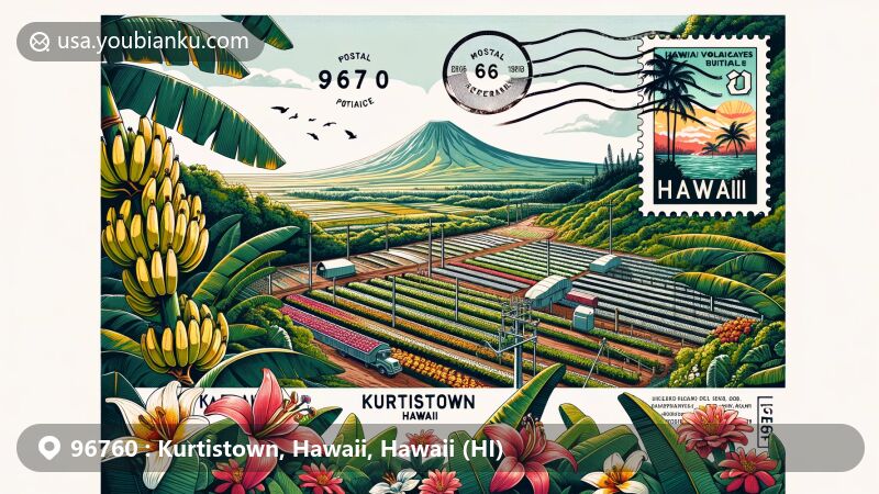 Modern illustration of Kurtistown, Hawaii, in the 96760 postal code area, showcasing local natural beauty, agricultural heritage, and postal theme. Featuring iconic banana plantations, gardens, postal symbols like postmarks, a vintage stamp with Hawaii Volcanoes National Park, and an envelope backdrop. Designed to evoke community spirit and outdoor activities like hiking trails and scenic views. Includes a small map highlighting Hawaii County and Kurtistown's location. Artistic fonts for the postal code 96760 and town name 'Kurtistown, Hawaii', with a modern yet whimsical vibe reflecting lush green plantations, colorful flowers, and serene Hawaiian skies, ideal for web illustration.