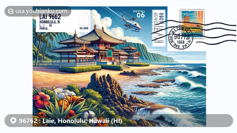 Modern illustration of Laie Hawaii Temple and Laie Point State Wayside Park in postal code 96762, featuring vibrant colors and Honolulu elements, showcasing spiritual landmark and rugged coastline with famous sea arch.