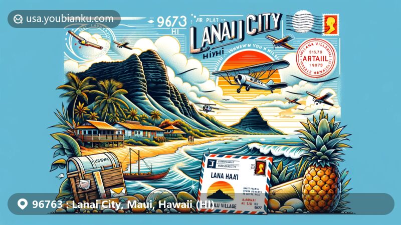Vibrant illustration of Lanai City, Hawaii, featuring Pu'u Pehe and Kaunolu Village with airmail envelope, stamps, and postmark, highlighting postal theme with '96763 Lanai City, HI' stamp and pineapple symbol.