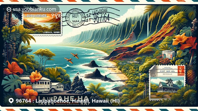 Modern illustration of Laupahoehoe, Hawaii, showcasing natural beauty with lava rocks, lush greenery, and ocean vistas, and highlighting history and sugar plantation era connections, including the Train Museum and tsunami memorial.