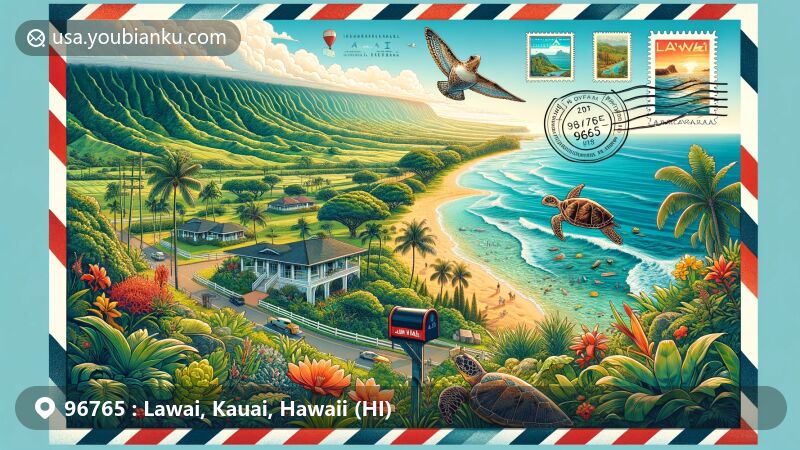 Illustration of Lawai, Kauai, Hawaii, capturing the essence of the ZIP code 96765 with McBryde and Allerton Gardens, Lawai Beach, and postal features.
