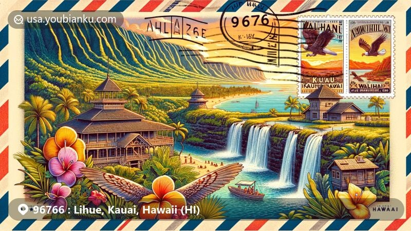 Modern illustration of Lihue, Kauai, Hawaii, featuring iconic landscapes like Wailua Falls and Kilohana Plantation, with symbols of Hawaiian culture and natural beauty.