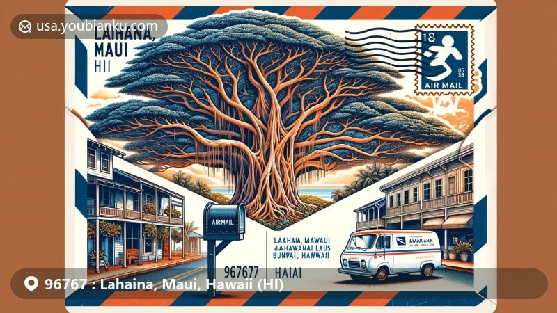 Modern illustration of Lahaina, Maui, Hawaii (HI), depicting ZIP code 96767 with airmail envelope backdrop, showcasing iconic banyan tree and historic Front Street. Stamp features Lahaina, Maui, Hawaii (HI), banyan tree image, while postmark shows ZIP code 96767. Includes classic American mailbox and mail delivery van symbolizing postal services.