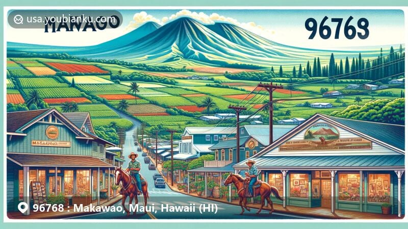 Modern illustration of Makawao, representing post code 96768 in Maui, Hawaii, featuring arts community, paniolo culture, historic town charm, Upcountry Maui landscapes, and postal elements.
