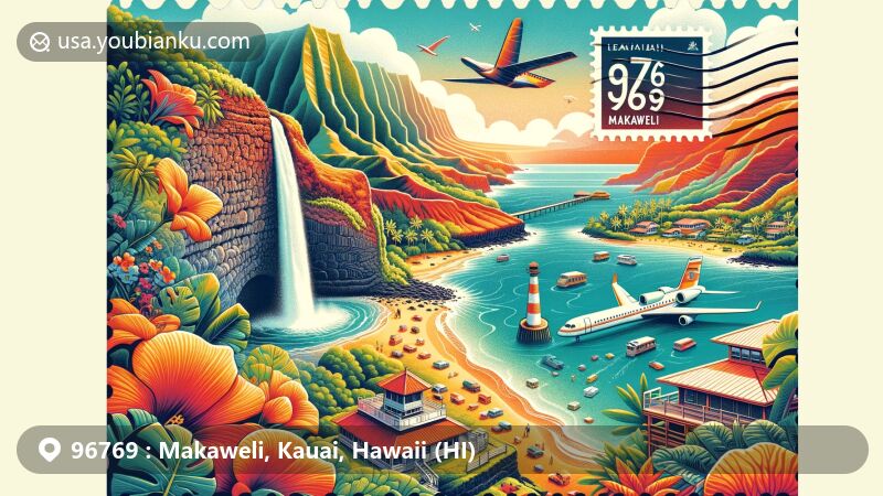 Modern illustration of Makaweli, Kauai County, Hawaii, incorporating key landmarks like Waimea Canyon, Spouting Horn, Koke‘e State Park, Kilauea Lighthouse, and Hanalei Pier in a postage-themed design.