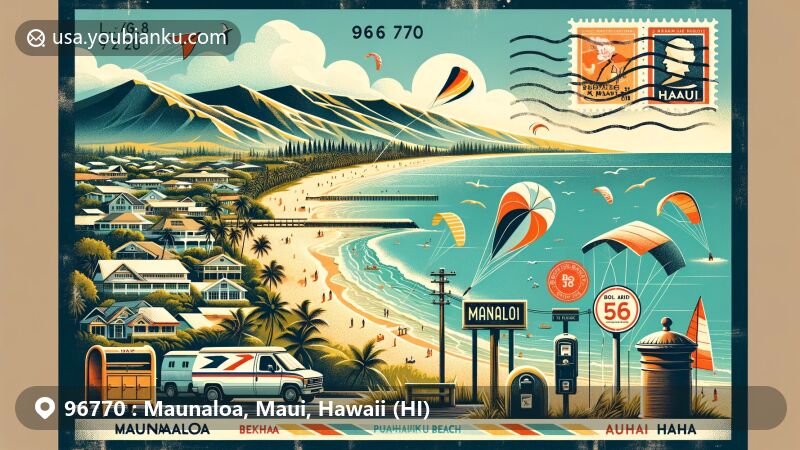 Modern illustration of Maunaloa, Maui, Hawaii (HI), depicting scenic views of Maunaloa town, Pāpōhaku Beach, and Kapukahehu Beach, along with the iconic Big Wind Kite Factory. Integrated with postal elements like stamps, postmarks, the ZIP code 96770, mailboxes, and mail vans.