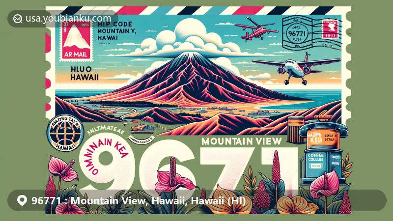 Modern illustration of Mountain View, Hawaii, highlighting postal theme with ZIP code 96771, featuring Mauna Kea and local symbols like anthuriums and coffee, capturing Hawaii's lush landscapes.