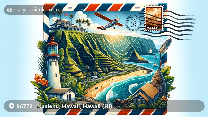 Modern illustration of Naalehu, Hawaii featuring South Point, Kamilo Beach, and postal theme with vintage airmail envelope, Hawaiian flag stamp, and 96772 ZIP code postmark.