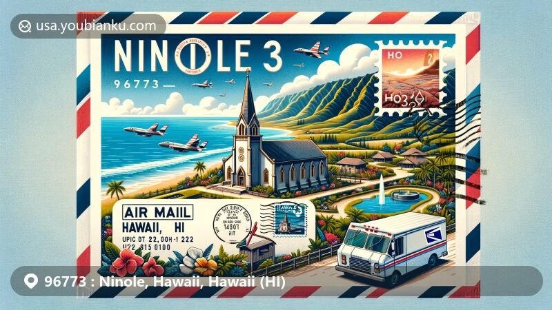 Modern illustration of Ninole, Hawaii, showcasing postal theme with ZIP code 96773, featuring Ninole Church, iconic Hawaiian symbols, and picturesque landscapes of Hamakua Coast.