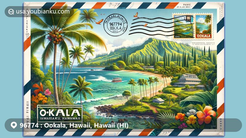 Modern illustration of Ookala, Hawaii, featuring lush tropical landscape through vintage airmail envelope, showcasing palm trees, Hamakua Coast, local fauna and flora, and community atmosphere.