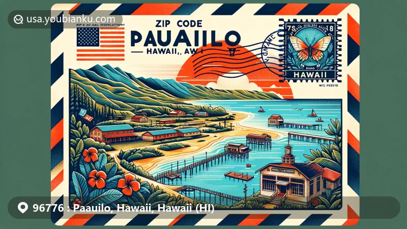 Modern illustration of Paauilo, Hawaii, showcasing unique landscape with former sugar town vibes, featuring Hawaiian Vanilla Company and vintage air mail envelope with ZIP code 96776.