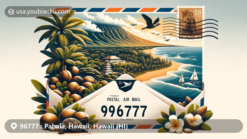 Modern illustration of Pahala, Hawaii, showcasing postal theme with ZIP code 96777, featuring macadamia nut trees, Punaluu Black Sand Beach, Wood Valley Temple, and Hawaii state flag.
