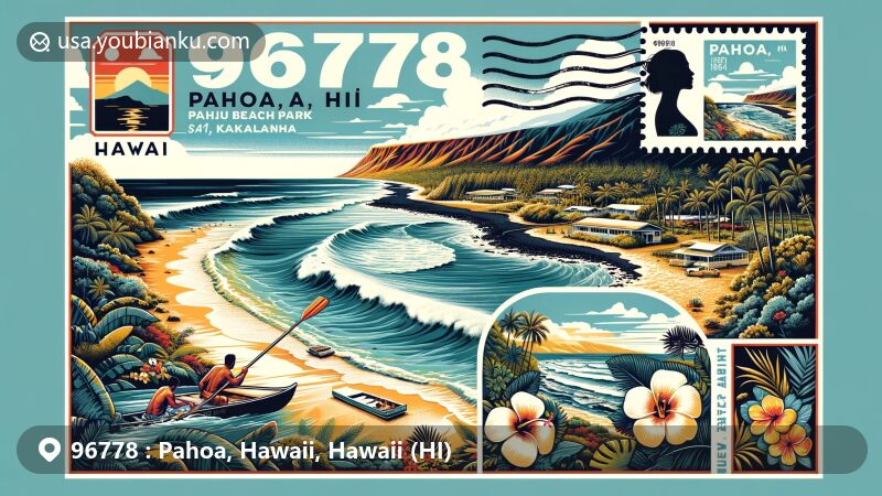 Modern illustration of Pahoa, Hawaii, showcasing Kehena Black Sand Beach and Kaimu Beach Park, with Hawaiian cultural symbols and postal theme for ZIP code 96778.