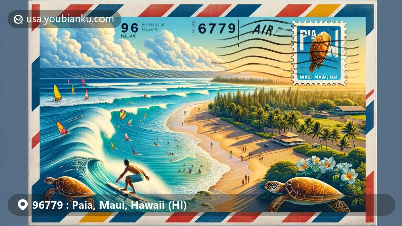 Creative illustration of Paia, Maui, Hawaii, featuring ZIP Code 96779, showcasing a vibrant airmail envelope design with Ho'okipa Beach Park, surfers, windsurfers, Baldwin Beach Park, and local flora.