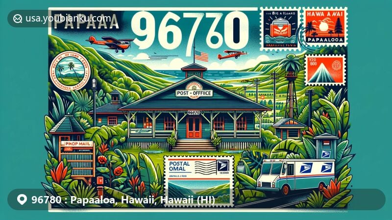 Modern illustration of Papaaloa, Hawaii, showcasing postal theme with ZIP code 96780, featuring lush green landscapes typical of the Hamakua Coast on the Big Island, with a stylized post office as the central focus and tropical plants and the Hawaii state flag in the background.