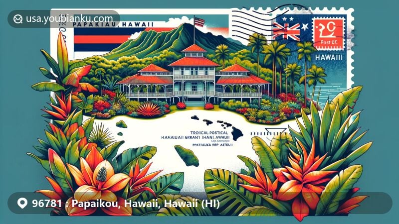 Modern illustration of Papaikou, Hawaii, depicting lush tropical botanical garden and vibrant colors symbolizing the natural beauty of the area, with elements of Hawaii Plantation Museum highlighting the region's sugarcane history and multicultural heritage, integrated with Hawaii state flag and silhouette, featuring creative incorporation of ZIP Code '96781' and 'Papaikou, Hawaii' in postcard layout, stamps, and postmarks, providing visual delight and showcasing postal theme.