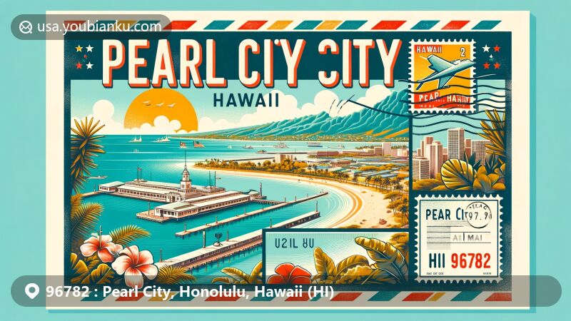 Modern illustration of Pearl City, Honolulu County, Hawaii, showcasing postal theme with ZIP code 96782, featuring Pearl Harbor and tropical scenery.