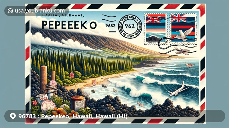 Modern illustration of Pepeekeo, Hawaii, showcasing postal theme with ZIP code 96783, featuring lush lava coastlines, white waves, and enchanting forests in the background, with airmail envelope, stamps, and postmark in the foreground, and Hawaii flag and cultural elements.