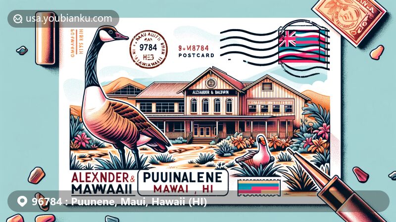 Modern illustration of Puunene, Maui, Hawaii, capturing the essence of zip code 96784 with Alexander & Baldwin Sugar Museum, Nene (Hawaiian goose), Hawaii state flag, and postal elements.
