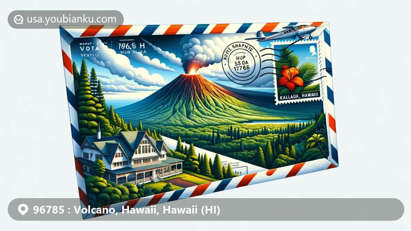 Modern illustration of Volcano, Hawaii, capturing natural beauty and postal theme with ZIP code 96785, featuring Kīlauea volcano, lush forests, airmail envelope, and postcard of Kīlauea Lodge.