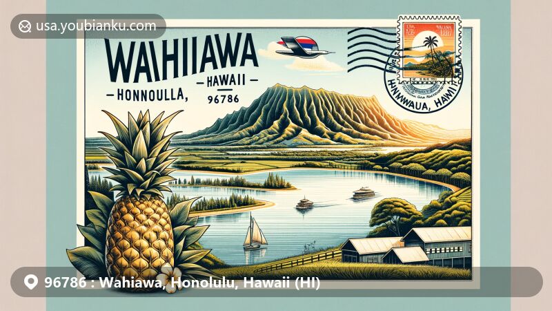 Modern illustration of Wahiawa, Honolulu, Hawaii, with ZIP code 96786, featuring Ka'ala peak, Wahiawa Reservoir, Dole Plantation, vintage airmail envelope, and Hawaii state flag.