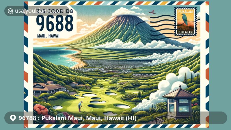 Modern illustration of Pukalani, Maui, Hawaii, embracing 'Upcountry Maui' charm with Mt. Haleakalā backdrop, bicoastal views, and symbolic cloud formations, featuring Pukalani Country Club and vintage postal elements.