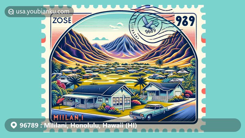Modern illustration of Mililani, Honolulu County, Hawaii, featuring postal theme with ZIP code 96789, highlighting Koolau and Waianae mountain ranges, Mililani Golf Club, and residential homes.