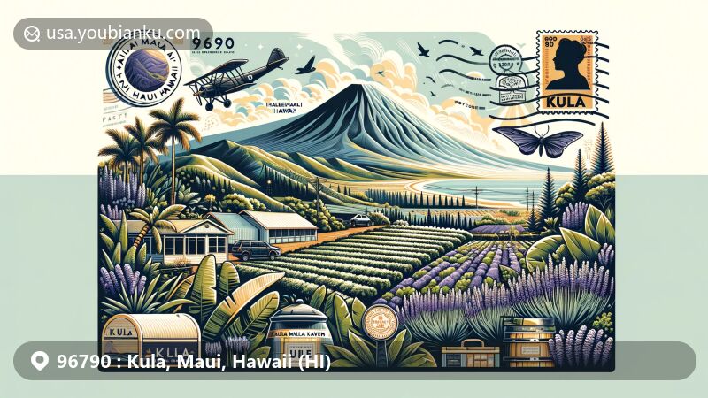 Modern illustration of Kula, Maui County, Hawaii, featuring ZIP code 96790, showcasing Haleakalā mountain slopes, Kula Botanical Garden, Ali'i Kula Lavender Farm, and postal elements like airmail envelope and postcard.