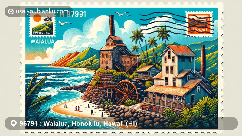 Modern illustration of Waialua, Honolulu, Hawaii, showcasing postal theme with ZIP code 96791, featuring Waialua Sugar Mill ruins and Hawaiian landscapes.