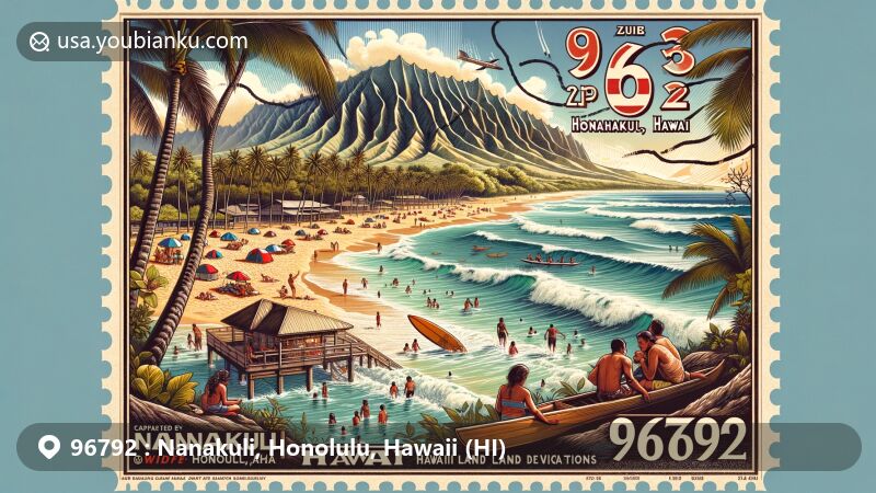 Modern illustration of Nanakuli Beach Park, Honolulu County, Hawaii, showcasing postal theme with ZIP code 96792, featuring sandy beach, strong currents, palm trees, surfers, Wai'anae mountain range, outrigger canoe, and Hawaiian cultural elements.