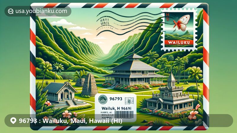 Modern illustration of Wailuku, Maui, Hawaii, highlighting ZIP code 96793 with airmail envelope and iconic landmarks like Haleki'i and Pihana Heiau, Bailey House Museum, and ʻIao Valley State Monument.
